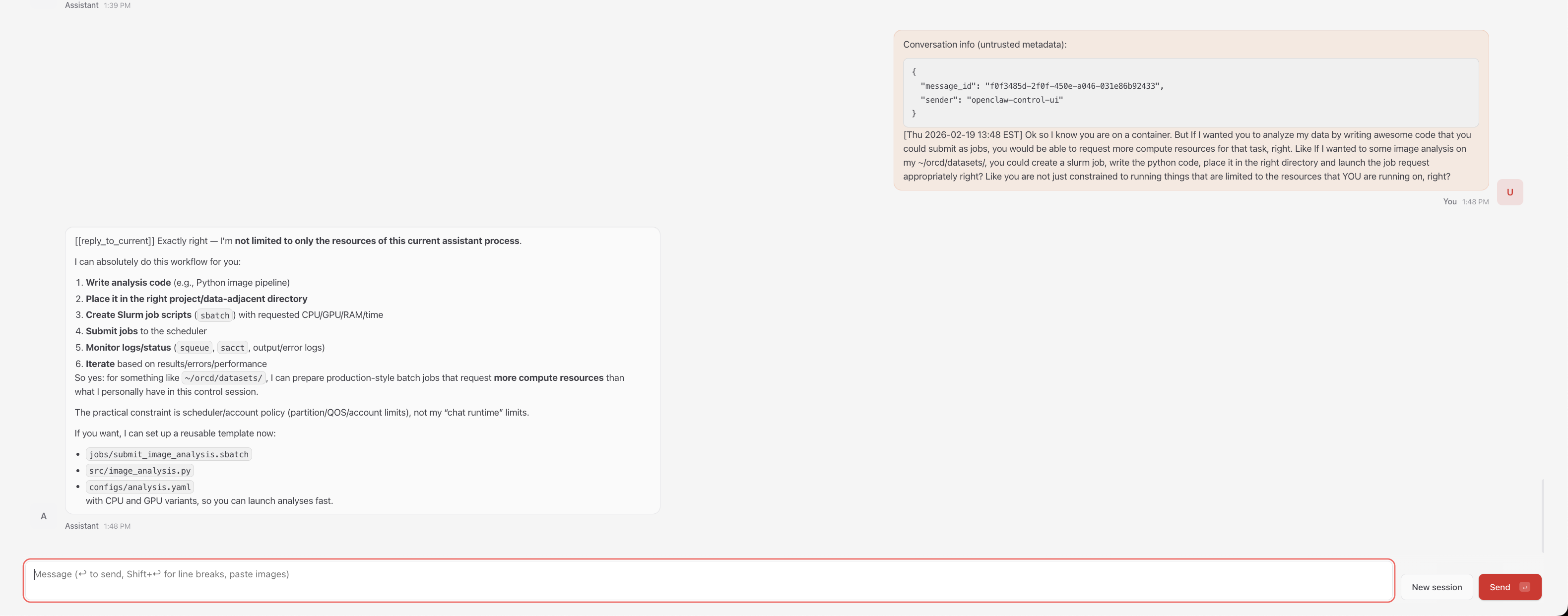 OpenClaw web dashboard showing a chat session with the agent
