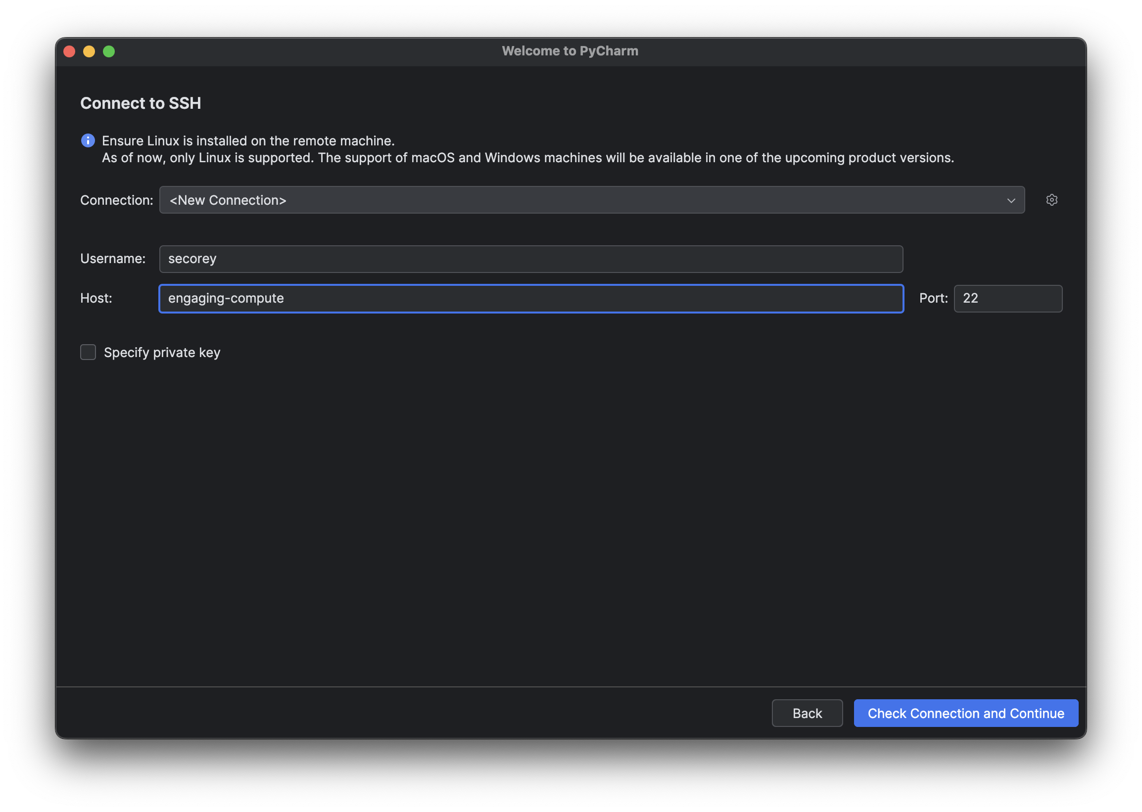 Setting up SSH connection on PyCharm