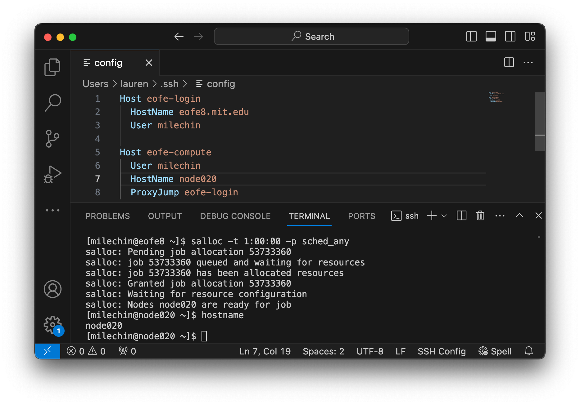 Update VSCode SSH config file with node name of interactive job on Engaging